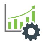 A rising bar graph with an arrow pointing up and a cog wheel.