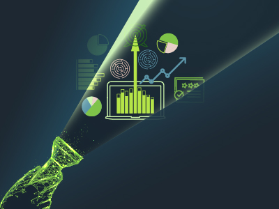 A flashlight illuminates data and charts